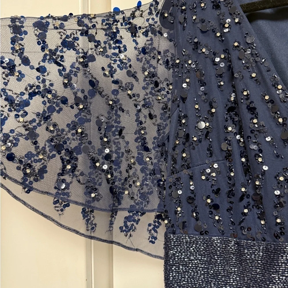 NWT | Mac Duggal Blue 93784 Midnight Blue Maxi Gown Flutter Sleeves Size 10 - Picture 8 of 15